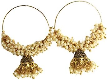 HFW pearl white golden hoop earrings size big (White)