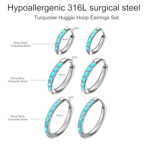 316L Surgical Steel Turquoise Huggie Hoop Earrings Set,Dainty Small Cute Silver Cartilage Earring for Multiple Piercing, Hypoallergenic for Women Men4