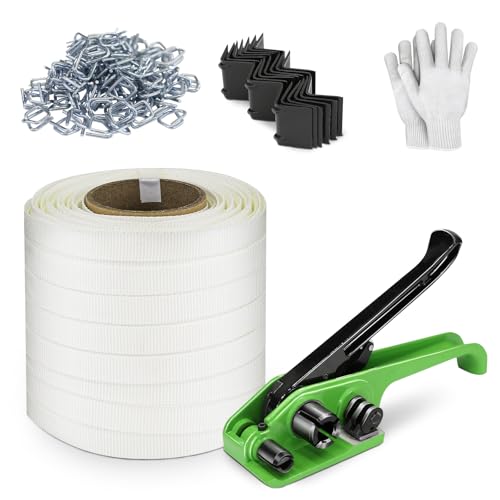 Heavy Duty Banding Strapping kit Contain 3/4"x 330' Woven Cord Packaging Straps &amp; 100 Metal Wire Buckles 100 Plastic Edge Protectors Tensioner with Cutter Tool Glove