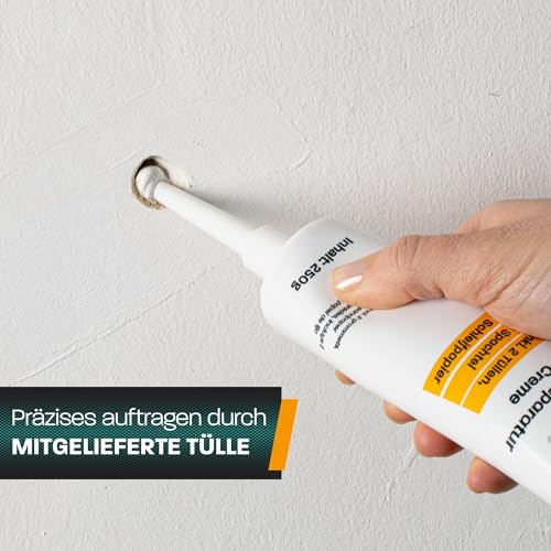 Hinrichs 500g Spachtelmasse Weiß - Wandreparaturpaste – Set aus 2x Instant Repair Paste 250g, 2x Wandspachtel, 2x Tüllen & Schleifpapier - Löcher Wand füllen Weiß - Lochfüller Kit