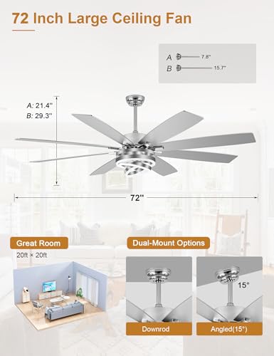 Image of 72 inch Large Modern Ceiling Fans with Lights and Remote Control