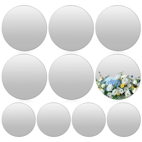 10 Pack Round Mirror Candle Plate Set, 7.8 Inch Round Mirror Trays, Acrylic Circle Mirror Tiles for Table Centerpieces, Self Adhesive Circle, Mirror Wall Sticker Décor for Coffee Table (Silver)