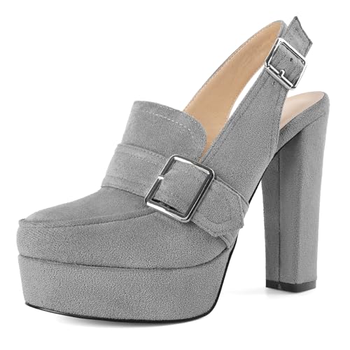 Image of Women's High Heel Loafers Platform Pumps Round Toe Heels Chunky Heel Pumps Stylish Comfortable 4.8 Inch Slingback Heels