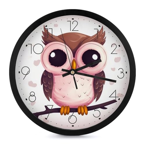 GFLFMXZW Horloge murale ronde de 25,4 cm avec chouette mignonne - Horloge murale moderne et décorative - Horloge murale numérique à piles - Sans tic-tac