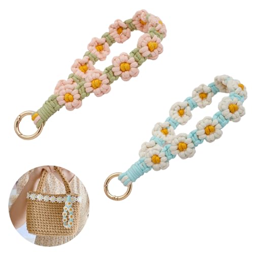 RHQFDM 2 Pezzi Boho Portachiavi Corto Signore Fiore Braccialetto Braccialetto Portachiavi Con Margherite Come Portachiavi Per Appendere Le Chiavi Della Macchina o Telefoni Cellulari