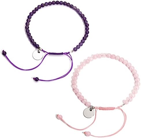 Top Plaza Natural Amethyst/Rose Quartz Crystals Bracelet Chakra Healing Stone Beads Handmade Macrame Adjustable Braided Link Bracelets(2 Pcs Set)