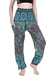 Passform: normal CHAINUPON Haremshose für Damen, fließende Hose, Yoga, Boho, Hippie-Kleidung, Bohorose Türkis Blau, 38-44