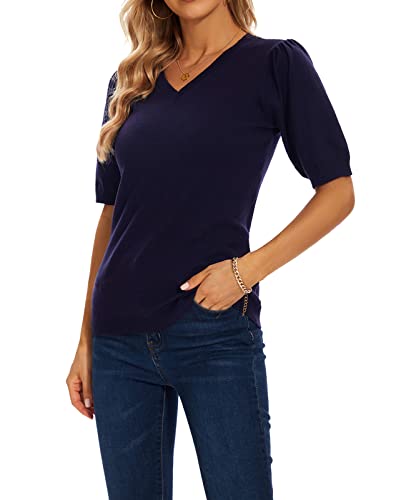 Mintlimit Womens Puff Short Sleeve Sweaters Pullover Shirt Tops V Neck Knit Sweater Spring Summer Casual Tops Royal Blue #TOP5