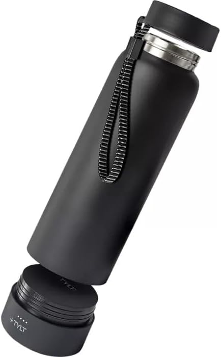 A smartphone wirelessly charging on the detached TYLT Power Bottle 2.0 power bank base, next to the bottle.