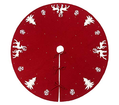 Vanteriam - Falda de punto para árbol de Navidad, 48 pulgadas de punto grueso hilo grueso rústico decoración navideña, bordado con alce 3D, copo de nieve y árbol de Navidad, color burdeos Cover