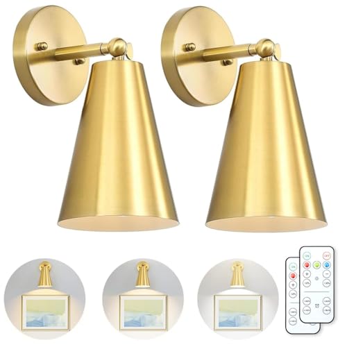 Battery Sconces Wall Decor Set of 2, Gold Wall Sconces Battery Operated, Wireless Wall Sconces, Remote Control Battery Operated Wall Sconce for Gallery, Bedroom 2-Pack-Gold-Wireless