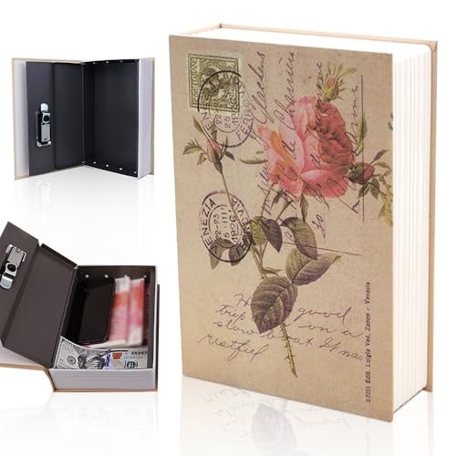 KBIBCK Buchtresor mit Zahlenschloss, Buchtresor mit Schlüssel, Buchsafe Tresor, Buch Safe für Büro Hause, Ablagebuch Safe Aufbewahrungsbox für Geld, Schmuck, Dokumente, Wertsachen (Rosentagebuch Stil)