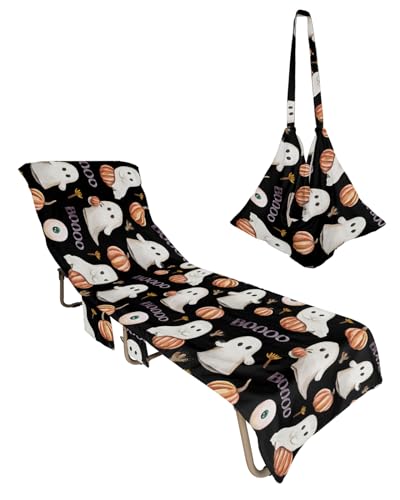 Halloween Beach Chair Towel Covers for Chaise Lounge with Side Pocket, Soft Plush Pool Towels Cover for Patio Sunbathing Outdoor 29''x85'' Spooky Horror Ghost Black Purple