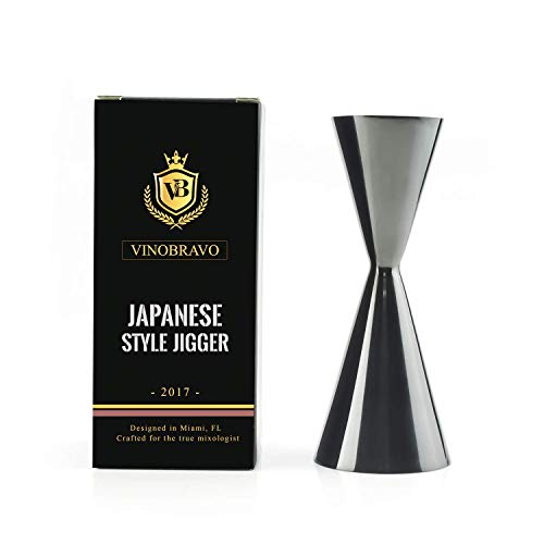 VinoBravo - Jigger Doble de Acero Inoxidable japonés para Barra de cóctel con Medidas en el Interior de 2 onzas/1 Onza, Herramienta de Bar para Bares caseros y Kits de Barman Profesionales (Negro)