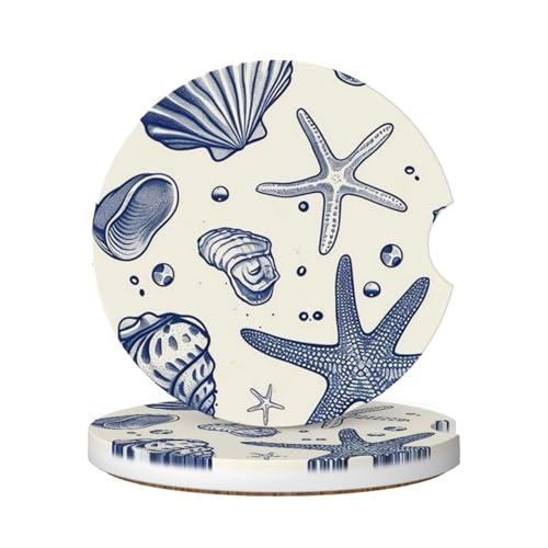 SimpleSteet Absorbent Ceramic Car Coasters for Cup Holders, Blue Sea Starfish Shells Design 2.56' Anti Slip Universal Drink Cup Coasters for Women Men (2 Pack)