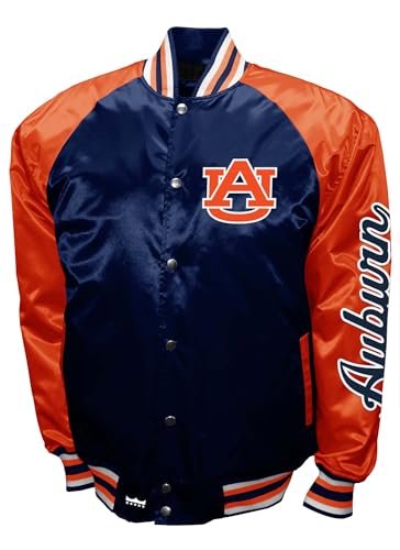 2Bhip NCAA Auburn Tigers Adult Navy & Orange Lightweight Vintage Style Satin Bomber Varsity Jacket Fall Coat