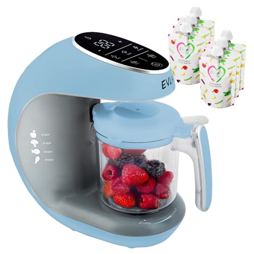 Image of EVLA'S Baby Food Maker, Steamer, Blender, Baby Food Processor for Healthy Homemade Baby Food in Minutes, Touch Screen with 6 Reusable Food Pouches, Baby Registry Essential, Blue