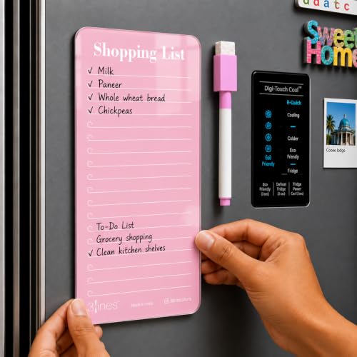 Image of 3 Lines Acrylic Magnetic Shopping List Notepad for Fridge │ to-Do List & Meal Planner │ Dry Erase Marker Included │ Kitchen Organisation │ 9 x 24 cm | Pink Guava Color | Regular