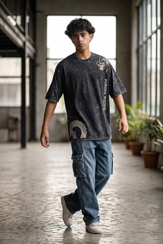 Image of boffi ... 100% Cotton Oversized T-Shirt Unisex Drop Shoulder Dye Washed Street Look Black Pack of 1