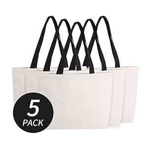 Azuca Reusable Grocery Canvas Bags with Inner Pocket Large Beach Shopping Heavy Duty 12 oz Tote Multi Purpose Natural – 20.5 x 14.5 x4.5 inch, 5 Pack