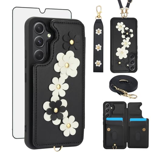 Accessoire Samsung Galaxy A54 5G étui floral avec fentes cartes et verre trempé