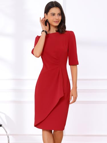 Image of Allegra K Ruched Dress for Women's Short Sleeve Business Work Dress Trendy
