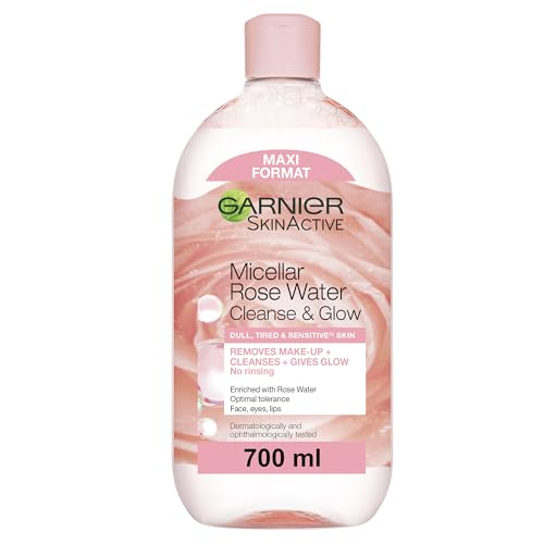 Garnier Micellar Rose Cleansing Water 700ml, Gentle face Cleanser & Makeup Remover, Hypoallergenic. Vegan Formula, Suitable For Dull And Sensitive Skin, Glow Boosting Formula, Dermatologically Tested