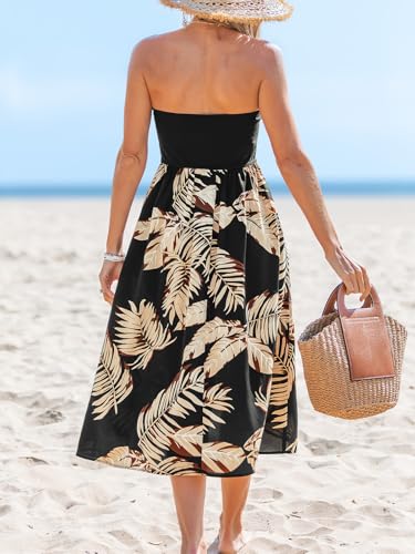 Image of CUPSHE Women Tube Floral Midi Summer Dress Straight Neck Split Hem Tropical Casual Sundress Holiday Vacation Beach Dress