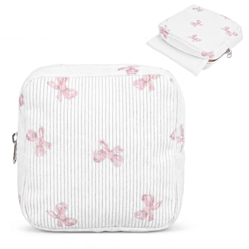 Period Pouch - Sanitary Pad Bag Cute Bow Period Pouch Pad Bag for Purse Travel Organizer (White)