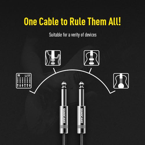 SONICAKE Braided Guitar Cable 6m/20ft Guitar Instrument Cable 6.35mm 1/4" Straight Angle to Straight Black - Image 3