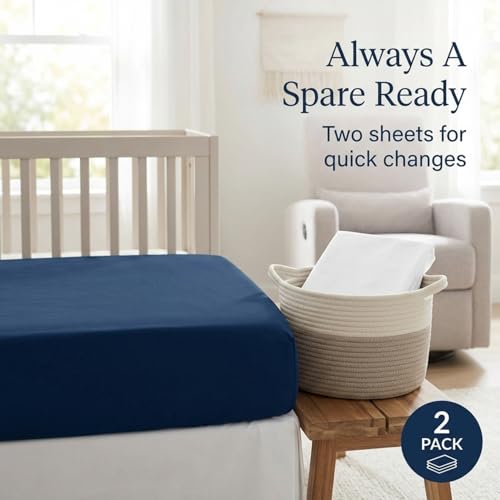 Image of Everyday Kids 2-Pack Fitted Crib Sheets, 100% Soft Breathable Microfiber Baby Sheet, Fits Standard Size Crib Mattress 28in x 52in, White Nursery Sheet and Navy Nursery Sheet