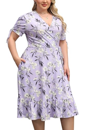 Keluummi Plus Size Summer Wedding Guest Midi Dresses for Curvy Women, Floral V Neck Party Sundress(26 Plus, 04 - Light Purple Floral)