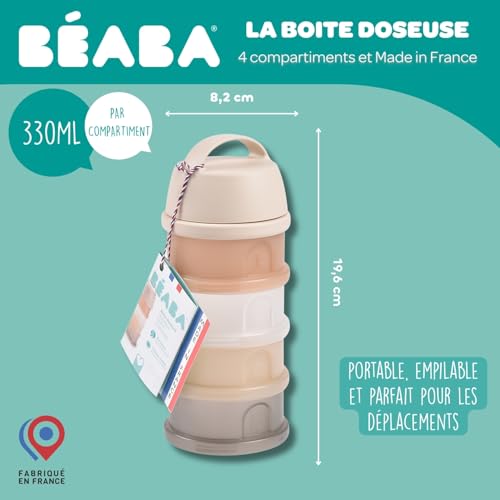 Image of Beaba Formula Container with 4 Stackable and Interchangeable Compartments, Milk Dispenser, 100% Airtight, Large Capacity, Funnel Tip for Pouring Powder with Precision, Evolutive use, Clay