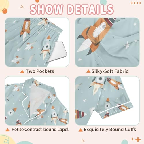 senya Cartoon Rocket Satin Summer Pajama Sets Silk Short Sleeve Button Down Sleepwear3