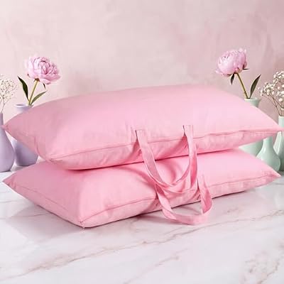 GliCraft 2 Pack 100% Cotton 20"x 36" Pink Canvas Travel Pillow Storage Bag with Handles for Home Travel Beddings Comforters Blankets Saree Linens Organizer Thick Soft Breathable Closet Bags