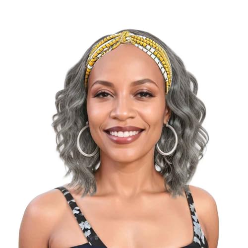 SYMEIW Silver Grey Wavy Headband Wig For Black Women Curly Half Wigs With Headband Attached Synthetic Wrap Wigs For Women(Gray)