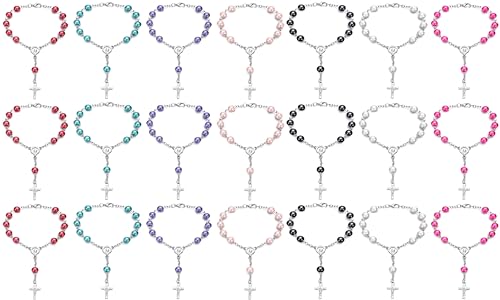 SZQCZB 21 pulseras pequeñas de rosario católico para mujeres y hombres, bolso de coche y bebés recién nacidos, cuentas de oración para bautizo, sala de oración, altar, paquete a granel (7 colores y