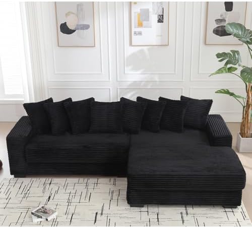 WILLIAMSPACE 111" Sectional Sofa Couch for Living Room, Modern Upholstered L-Shape Sofa 3 Seater Couch with Chaise & Pillows, Contemporary Corner Sofa for Apartment, Corduroy (Right-Facing,Black)