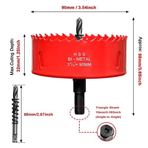 90mm Hole Saws Cutter, HSS Bi-Metal Drill Bit for Wood Plastic, UPVC, Fiberglass and Plasterboard, Red - Image 2