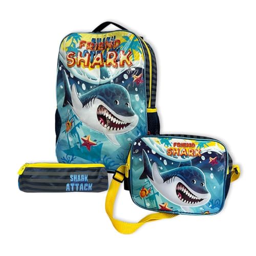 Kit Mochila Infantil Escolar com 3 peças Tubarão Amarela