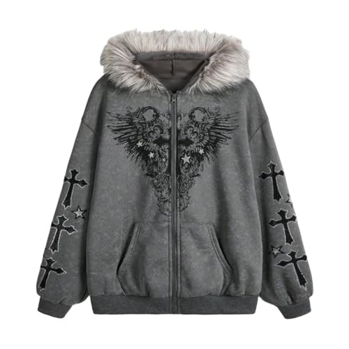BEAUDRM Women's Plus Size Gothic Graphic Hoodie Cross Rhinestone Long Sleeve Zip Up Faux Fur Sweatshirts Fall Jacket Grey Large Plus