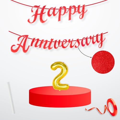 Image of Flyloons 2nd Happy Anniversary Banner Red Decorations Kit for Men Women Wedding Anniversary Banner Items without Balloons