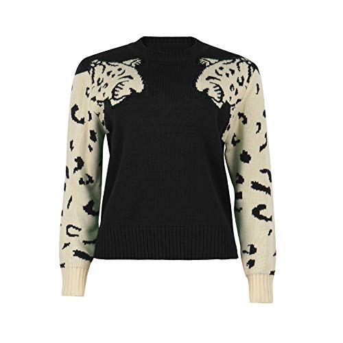 Image of JUNBOON Women's Casual Leopard Print Knitted Pullover Sweaters Long Sleeve Crew Neck Jumper Tops