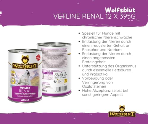 Wolfsblut Vetline Hundefutter - RENAL, 12x395g - Sparbundel, Sparpaket - inklusive Warnicks Tierfutterservice Hundesnack Goodie
