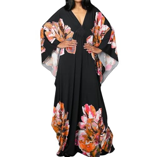 Bsubseach Women Ethnic Print Kaftan Beach Dress Plus Size Swimsuit Cover Up A-orange Peony