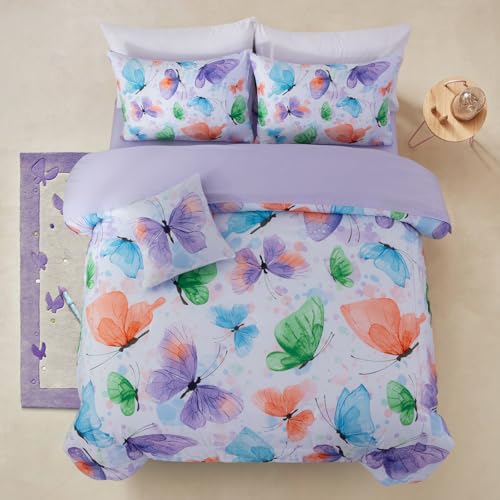 Image of A Nice Night 6pcs Bed in A Bag Watercolor Ink Wash Tie-Dye Butterfly Flying Printed, Butterflies Bedding Comforter Set, Purple Green Twin