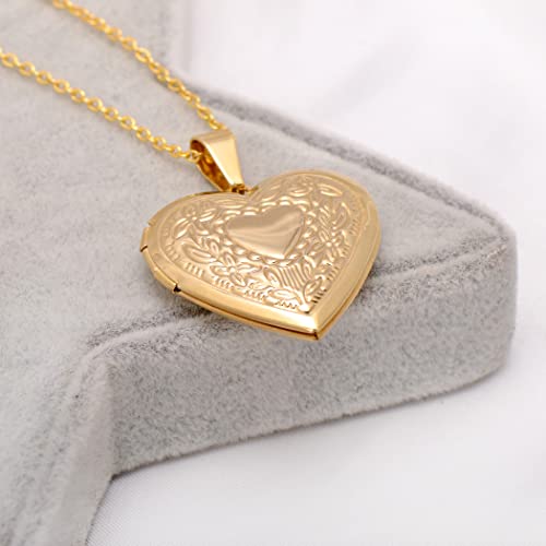 Paialco Stainless Steel Heart Shaped Locket Pendant Necklace, Royal Flowers, Yellow Gold Tone #TOP2