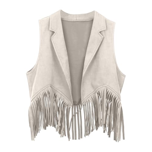 Kids Sleeveless Vest Faux Suede Western Cowboy Cowgirl Fringe Tassel Waistcoat Jacket Open Front Party Dress Up