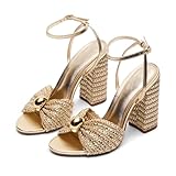 Wnshonzy Raffia Heeled Sandals for Women Golden Hardware Bow Round Open Toe Ankle Buckle High Heels Chunky Block Pumps Vintage Dressy Summer Casual Comfortable