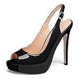 EDEFS Slingback Heels Damen Stiletto Plateau High Heel Sexy Sommer Sandalen für Party Dating Lackleder Schwarz EU38